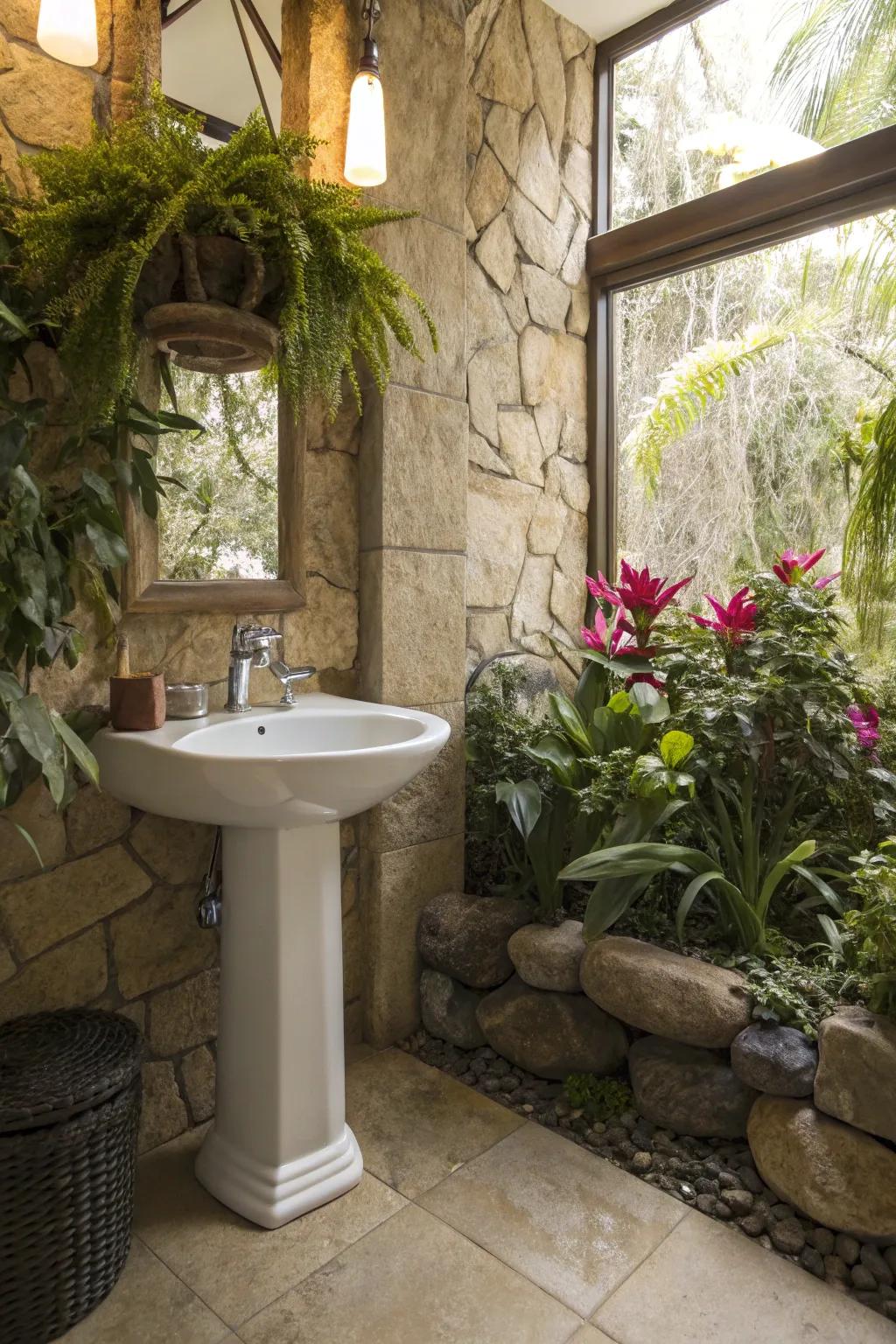 Bring nature indoors with plants and natural stone.
