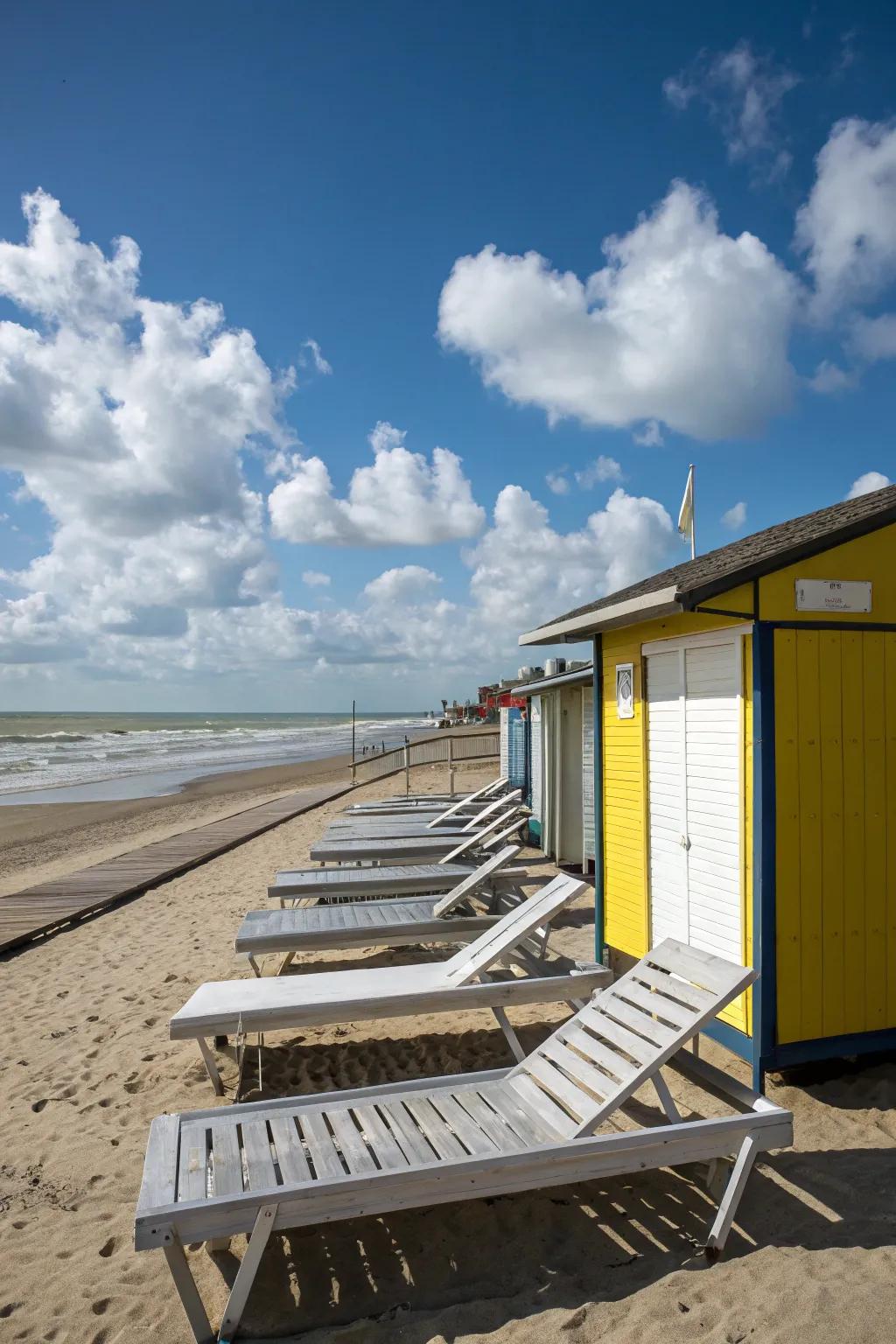 Sun loungers offer a relaxing space in front of the beach shed.