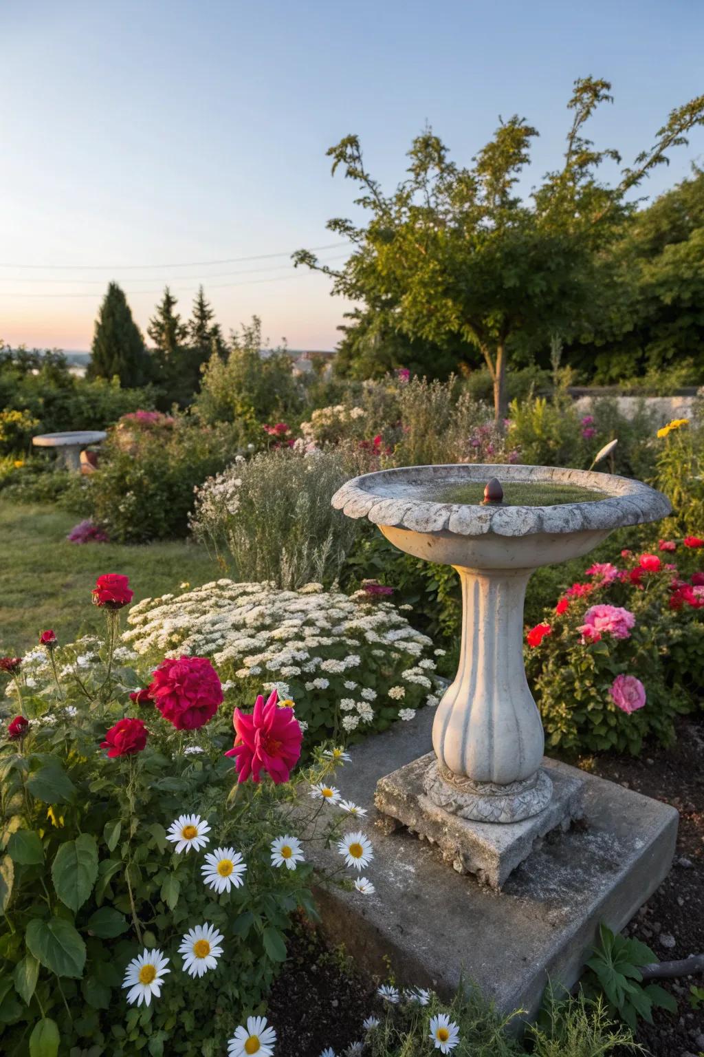 A charming birdbath surrounded by colorful spring flowers.