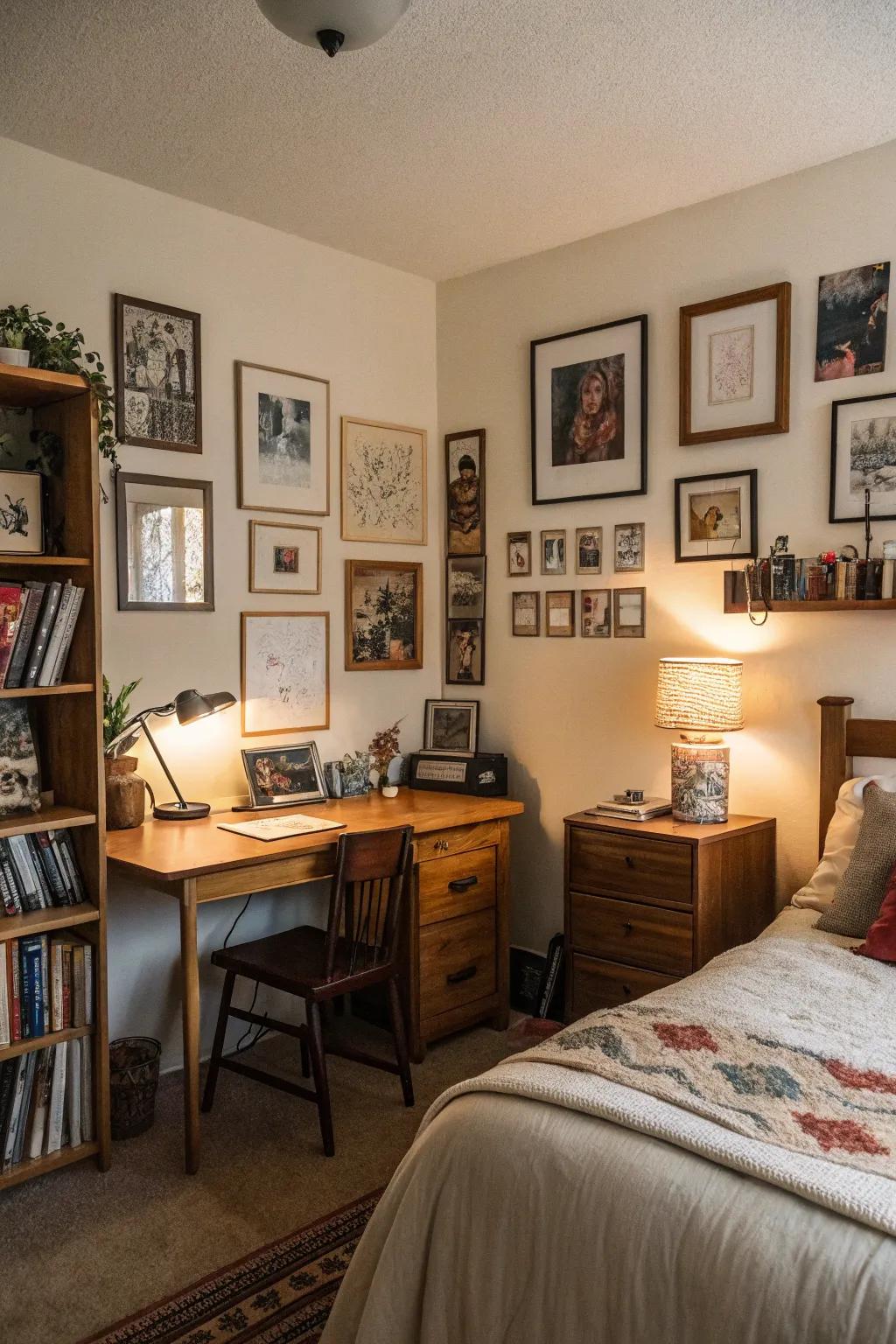 Personal touches like photos and art make this bedroom unique.