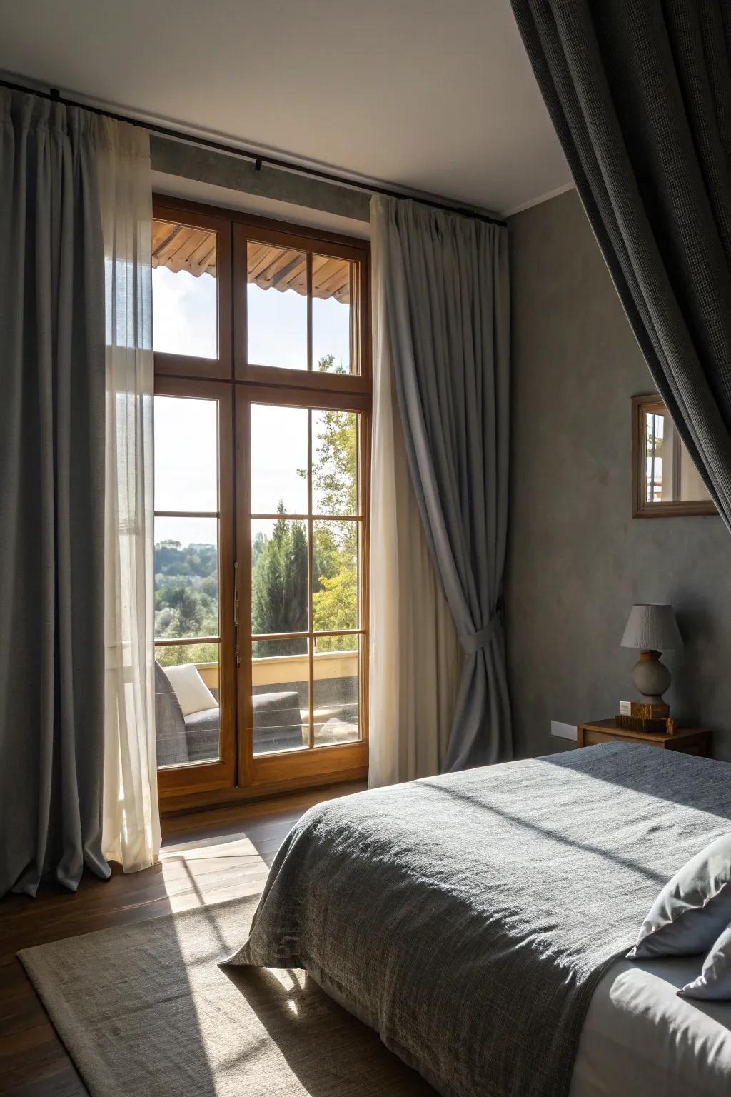 Elegant grey curtains framing a bright window.