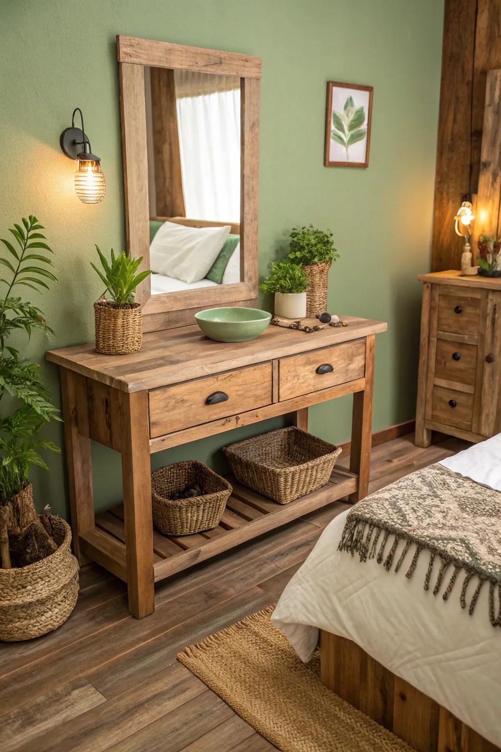 An eco-friendly vanity with a rustic charm.