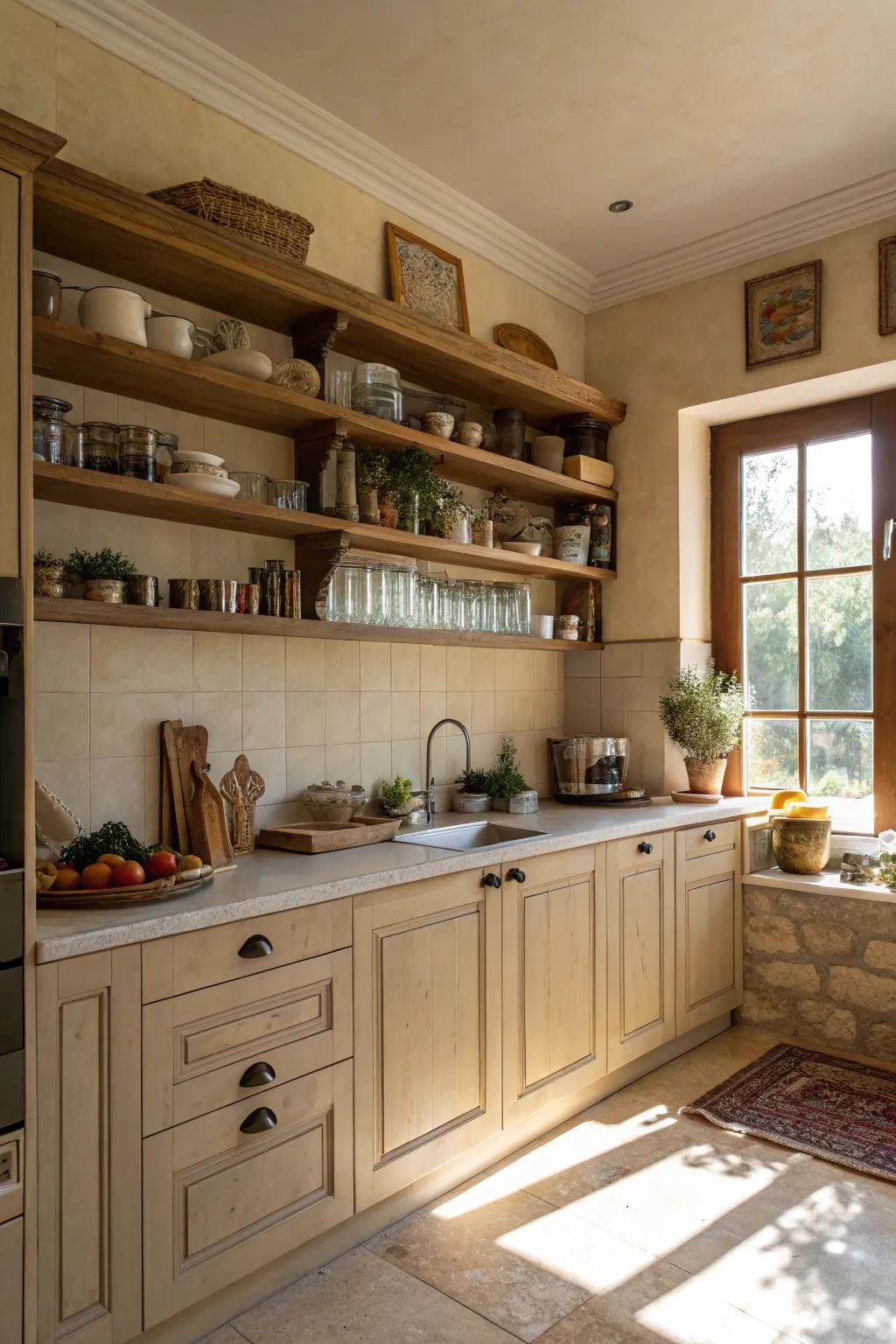 Open shelving allows for personalization and practicality.