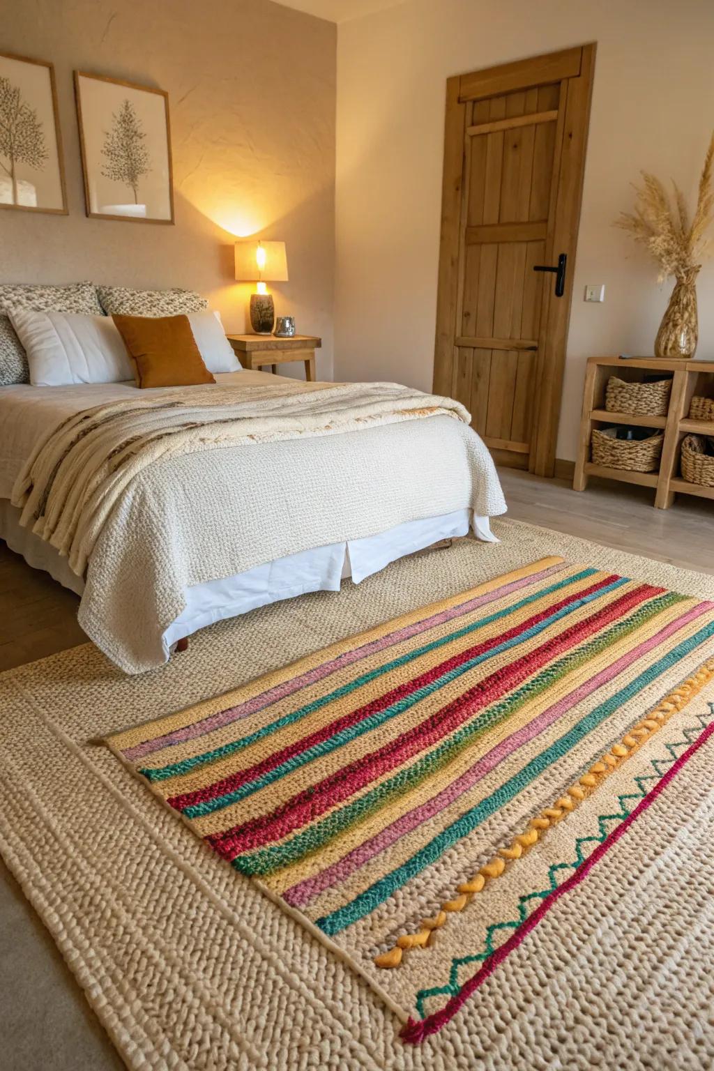 Layered rugs add visual interest and texture to a bedroom with a beige carpet.