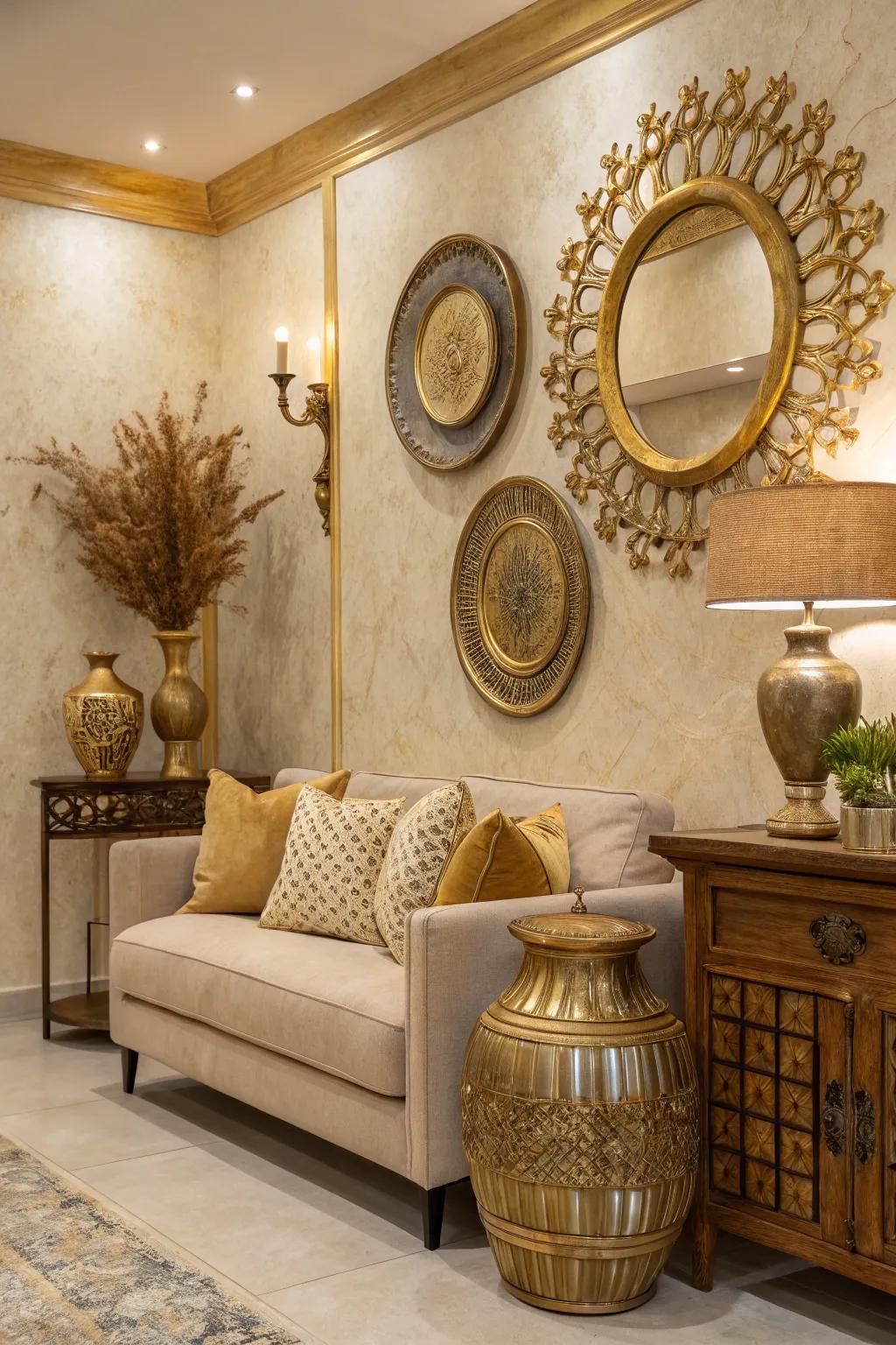 Metallic accents add a glamorous touch to this beige room.