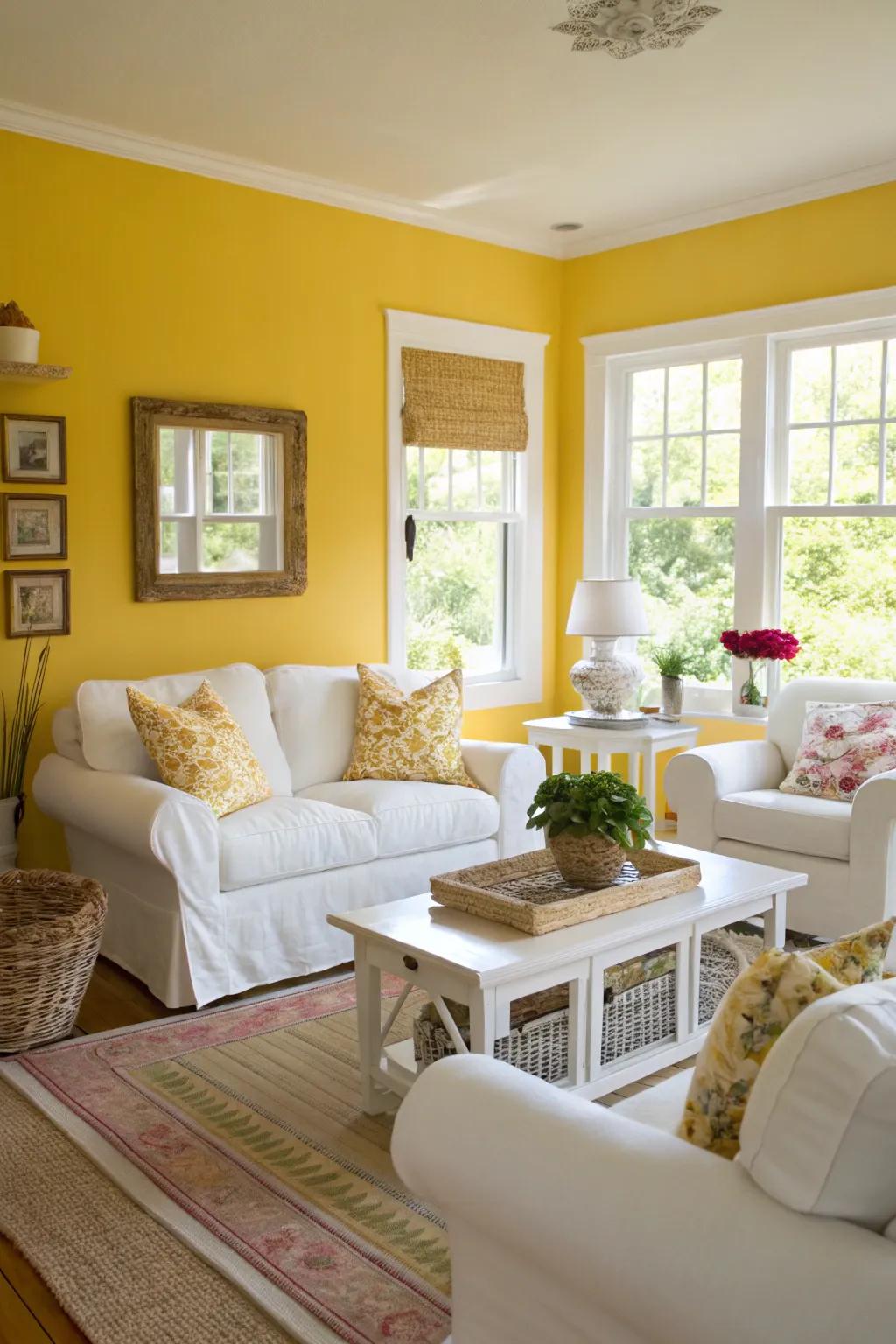 Sunny yellow walls bring warmth and happiness into the room.