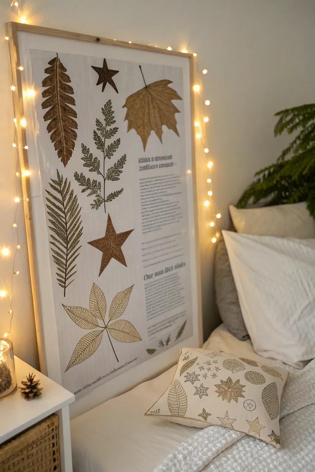 A nature-inspired poster with textured elements adding charm to a bedroom.