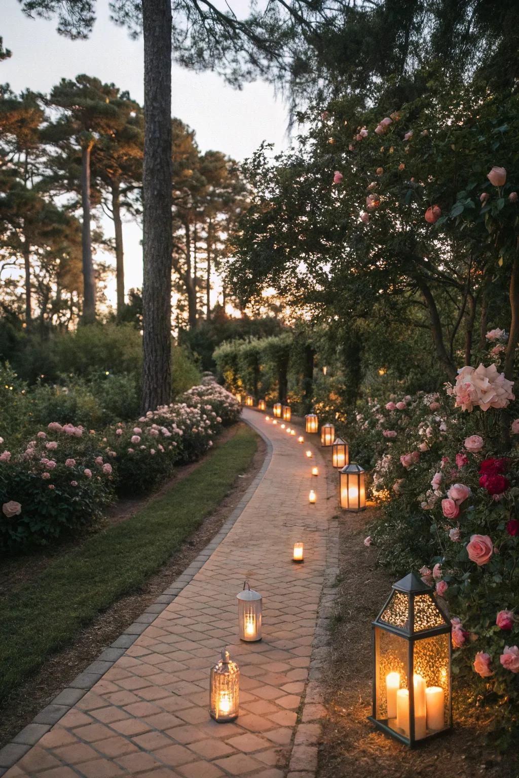 Candles light up paths with warmth and charm.