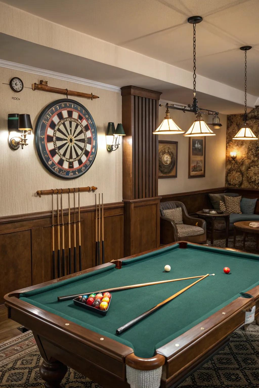 Additional gaming options like a dartboard in a billiard room.