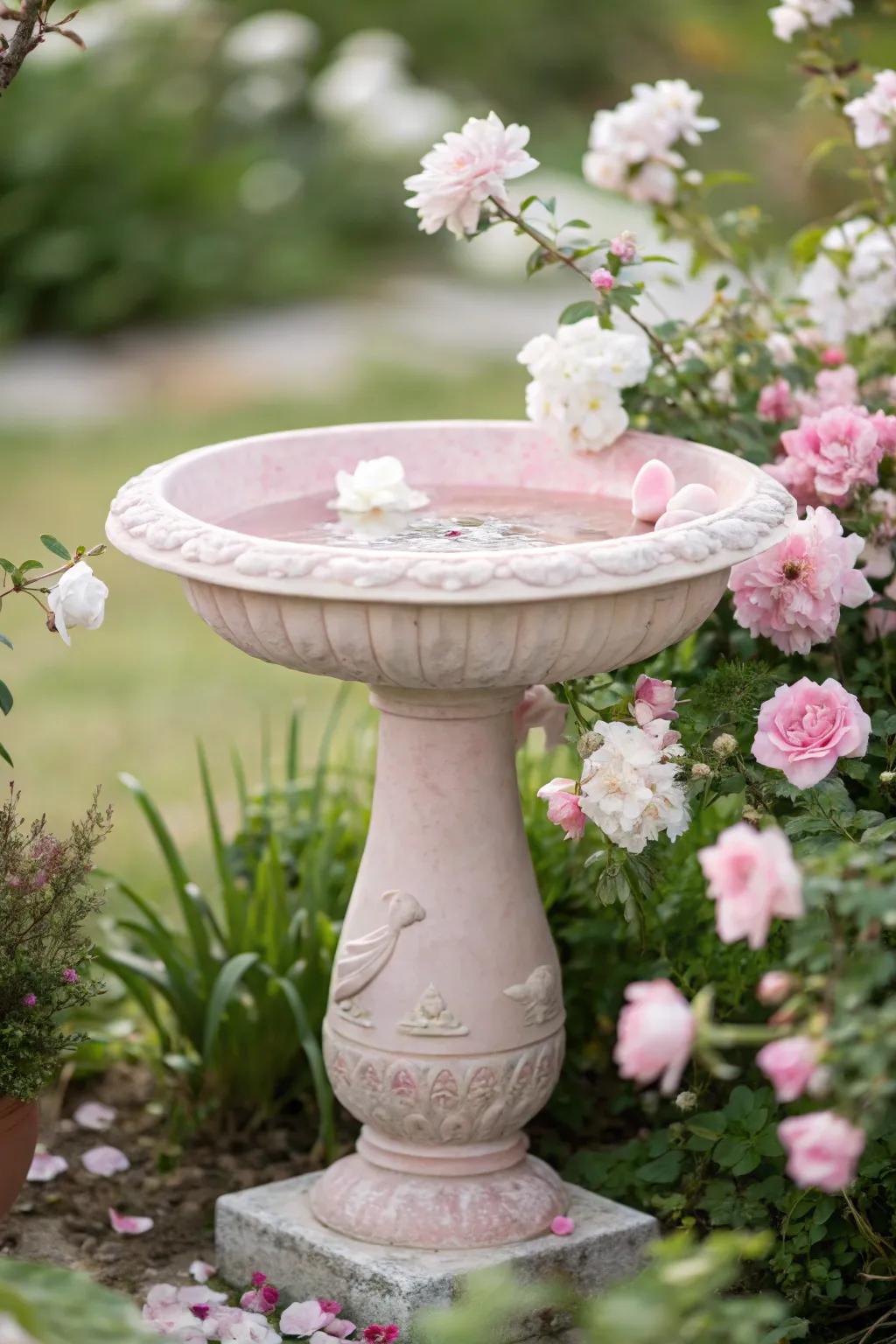 A pastel pink bird bath nestled among soft blooms, offering a tranquil retreat for birds.