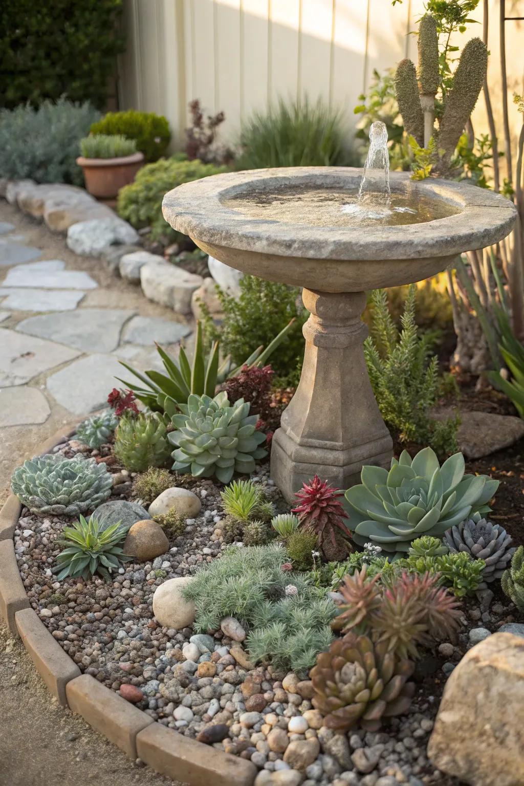 A bird bath adorned with succulents for a fresh, natural look.