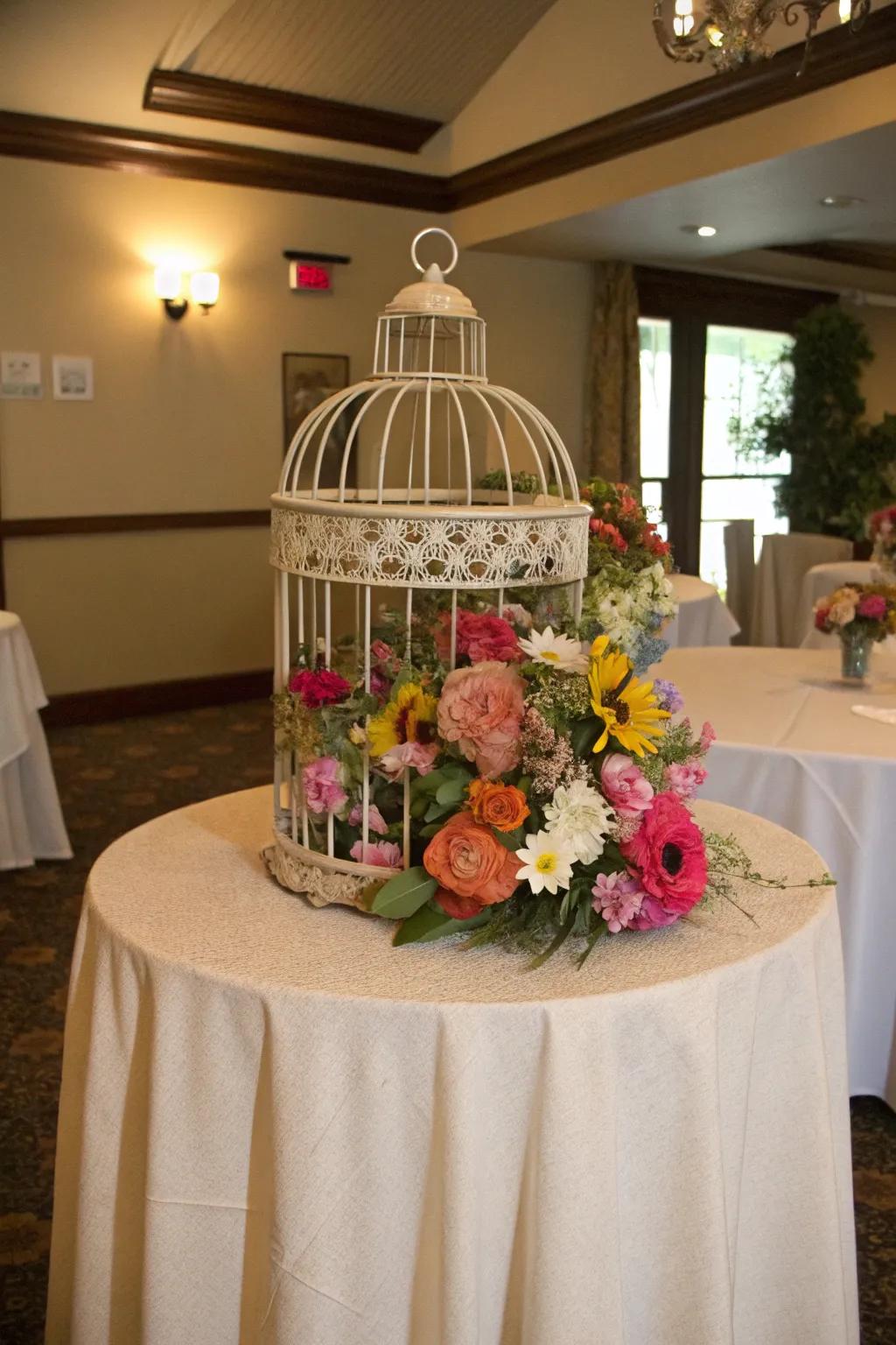 A bird cage centerpiece with vibrant flowers for a playful touch.