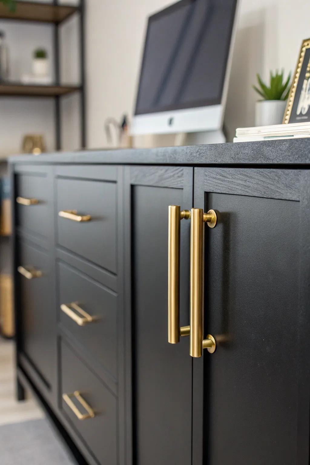 Gold hardware adds a luxurious touch to black furniture.