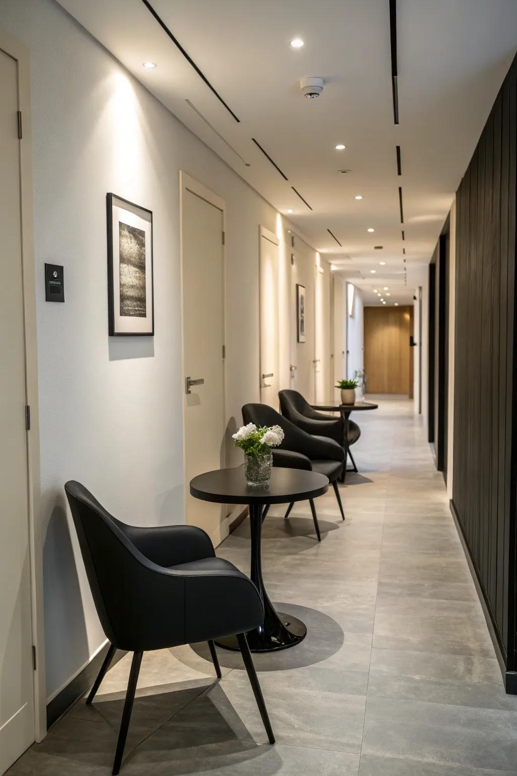 Minimalist furniture complements the sleek design of a black hallway.