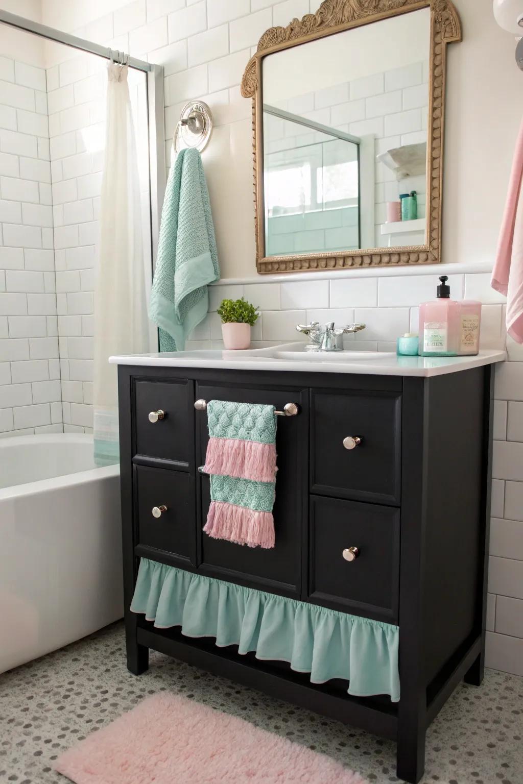 Pastel accents infuse a sense of lightness and whimsy into a black vanity bathroom.