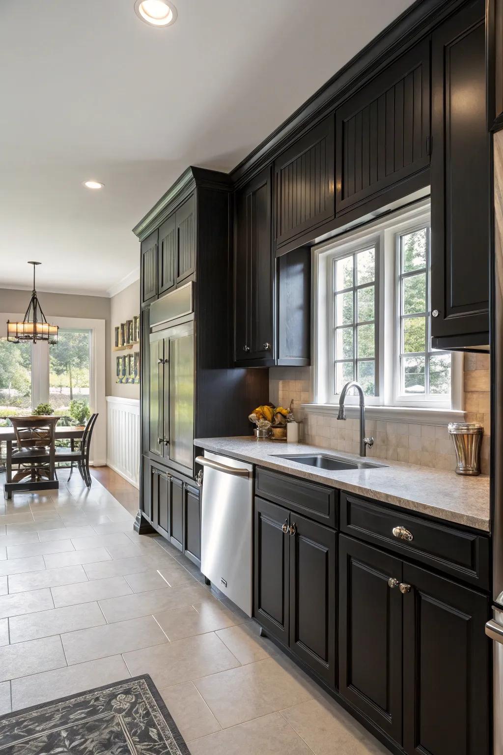 Sophisticated kitchen with black wainscoting.