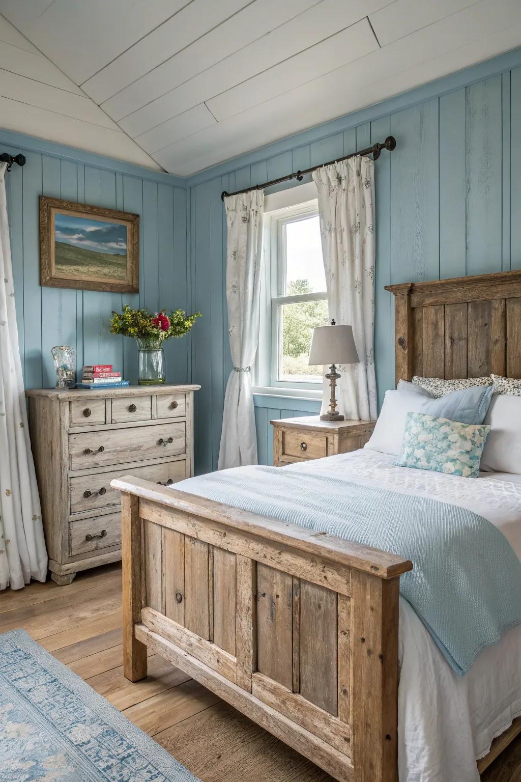 Rustic wood elements bring warmth and texture to a blue and white bedroom.