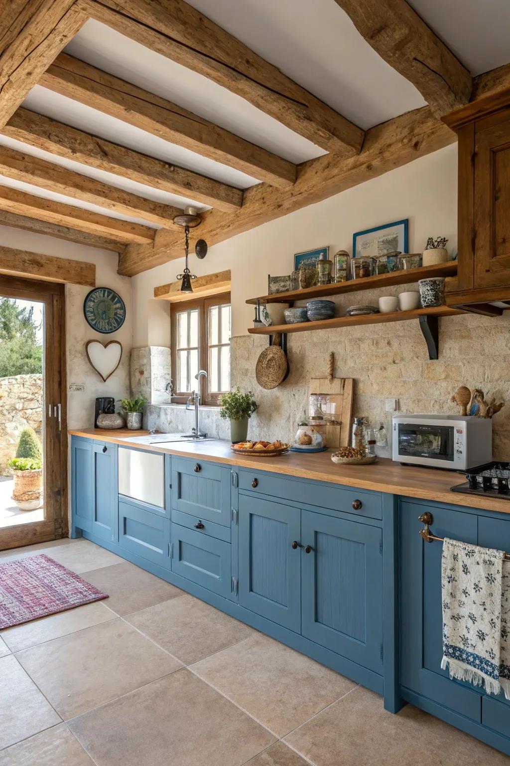 Blue cabinets paired with wooden features offer a rustic charm that's both warm and inviting.