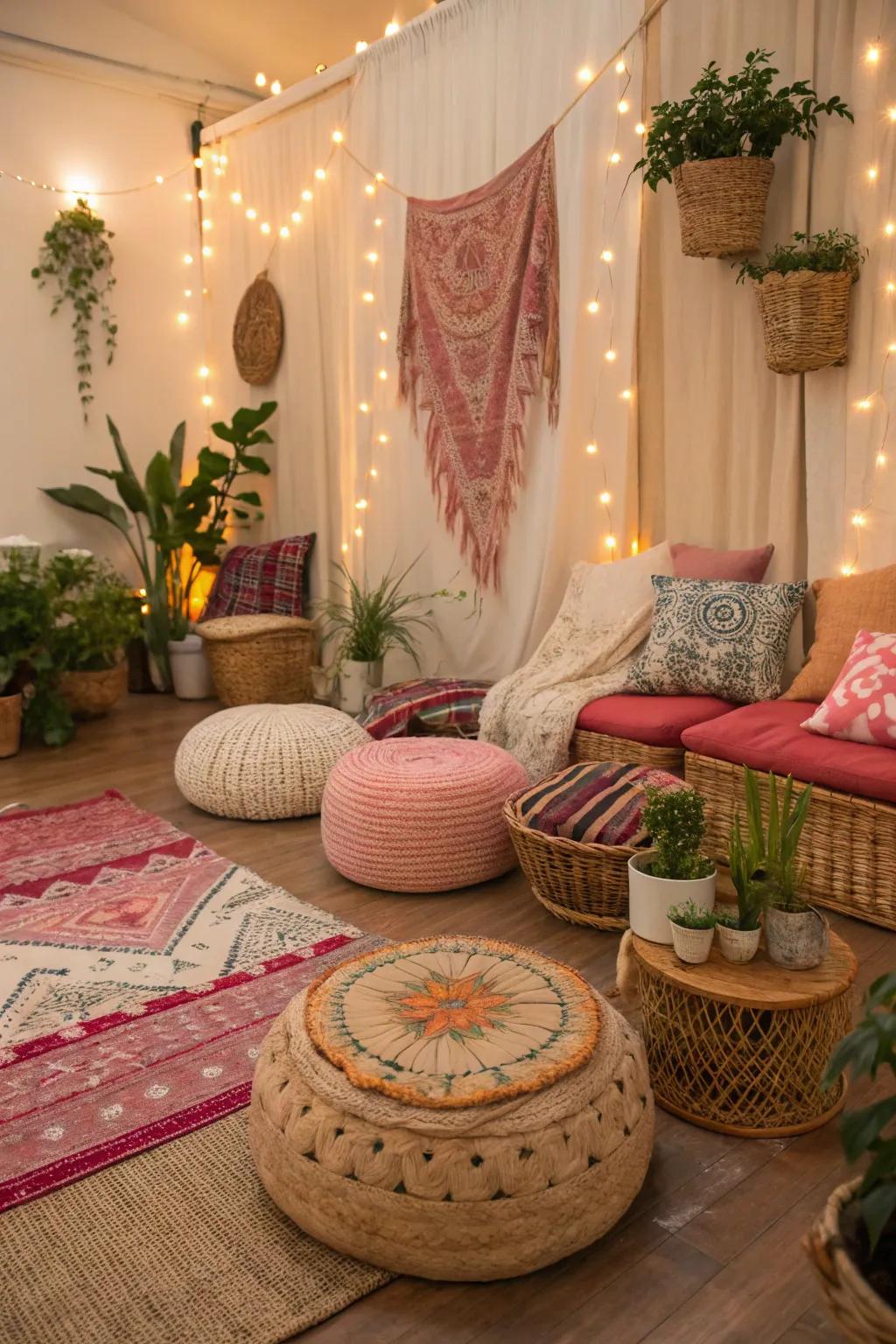 A relaxed seating arrangement in a bohemian studio.