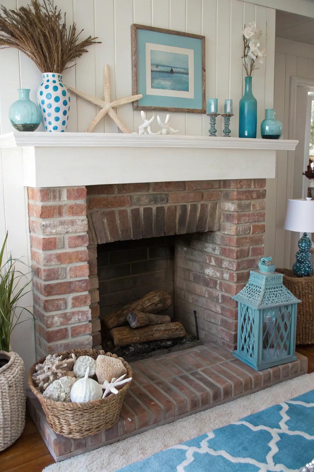 A brick hearth with coastal-inspired decor and soft blue accents.