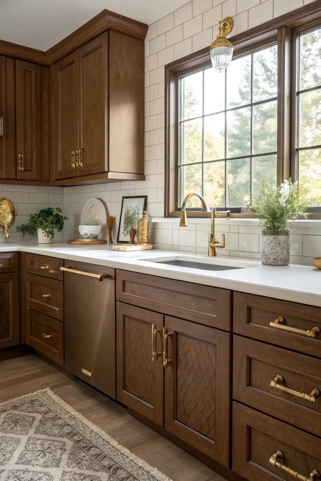 Metallic accents bring a touch of luxury to brown kitchens.