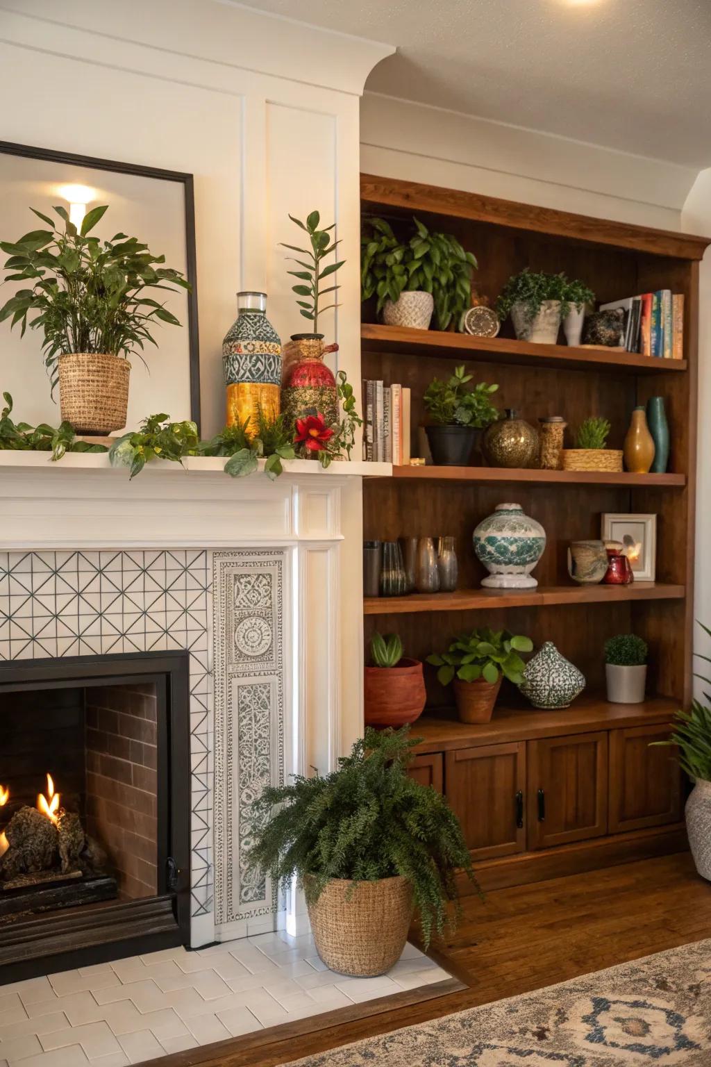 Decorative items add personality to fireplace built-ins.