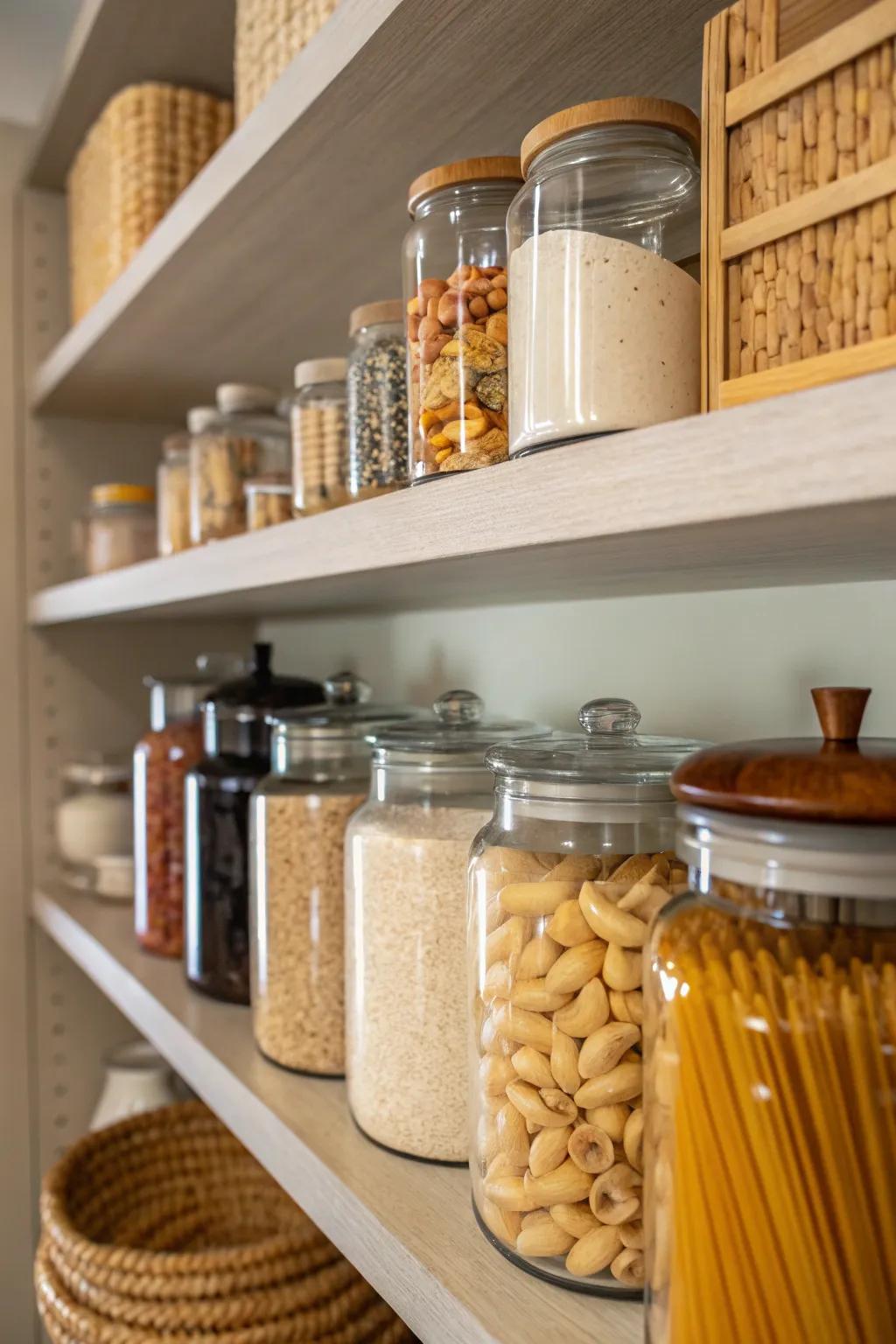 A blend of jars adds personality to storage solutions.