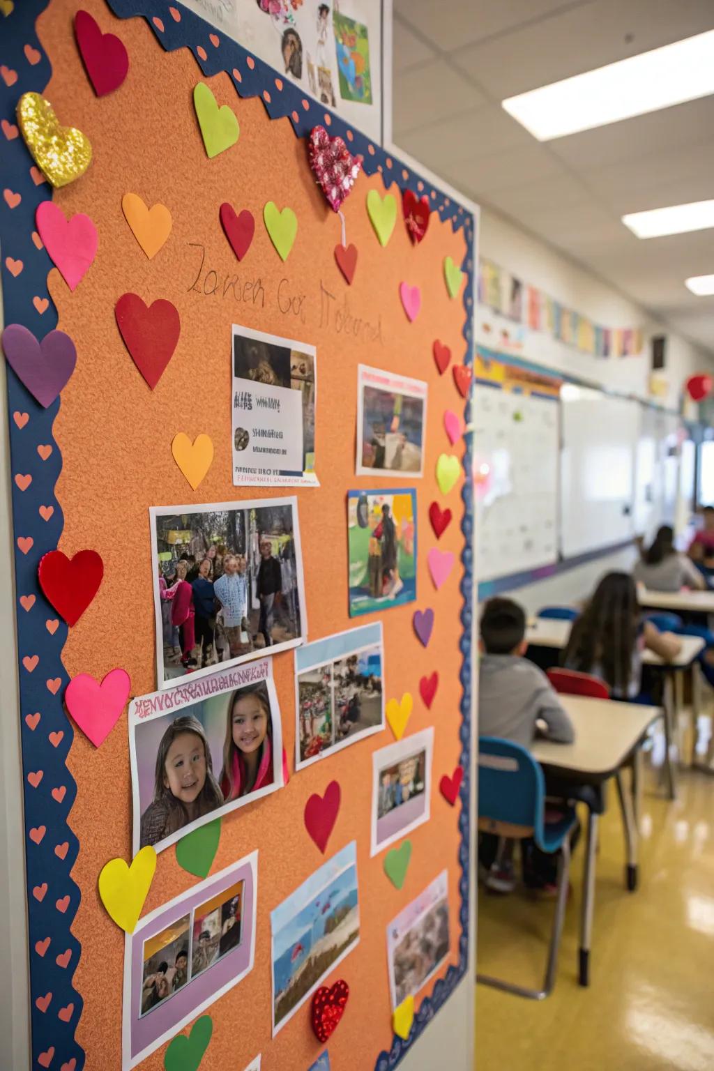 Selfie board decorated with photos and heart motifs.