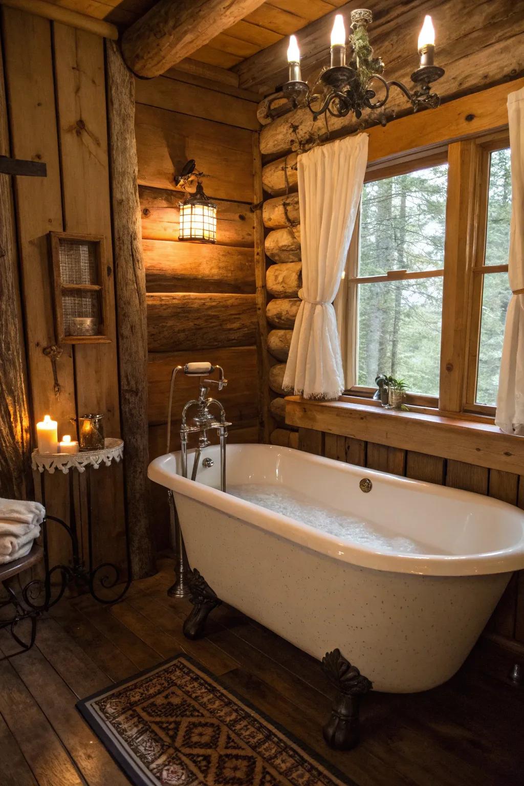 A cabin bathroom featuring an antique clawfoot tub and vintage faucet.