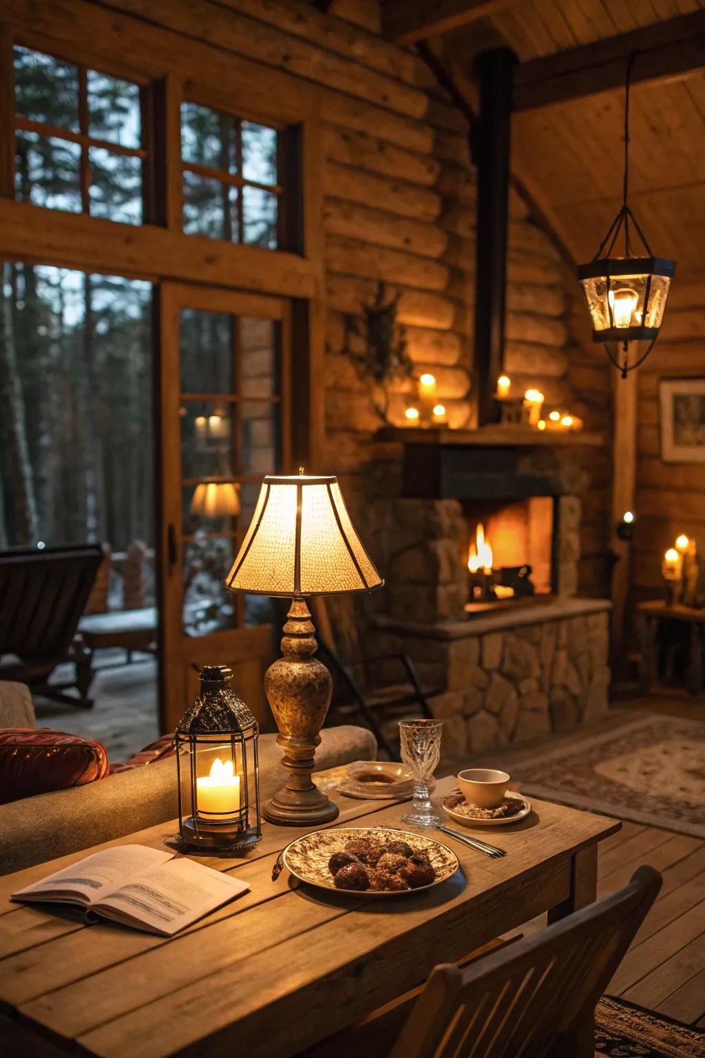 Cozy cabin lit with warm ambient lighting