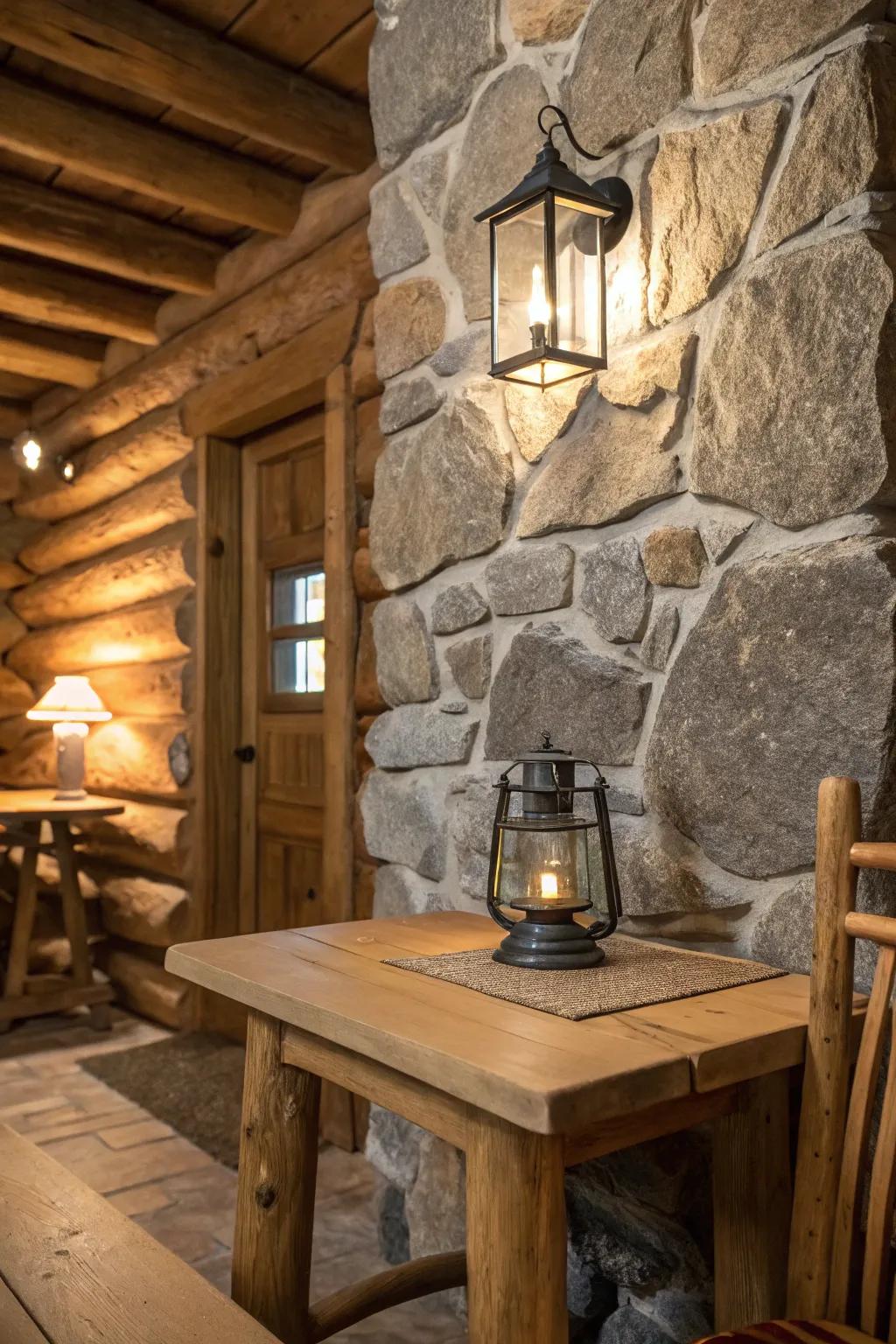 Stone accents that beautifully complement the rustic charm of the cabin.