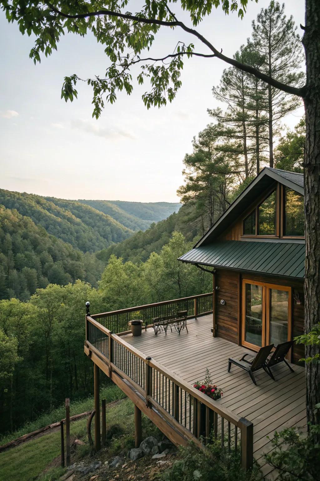 An outdoor deck seamlessly extends the living space into nature.