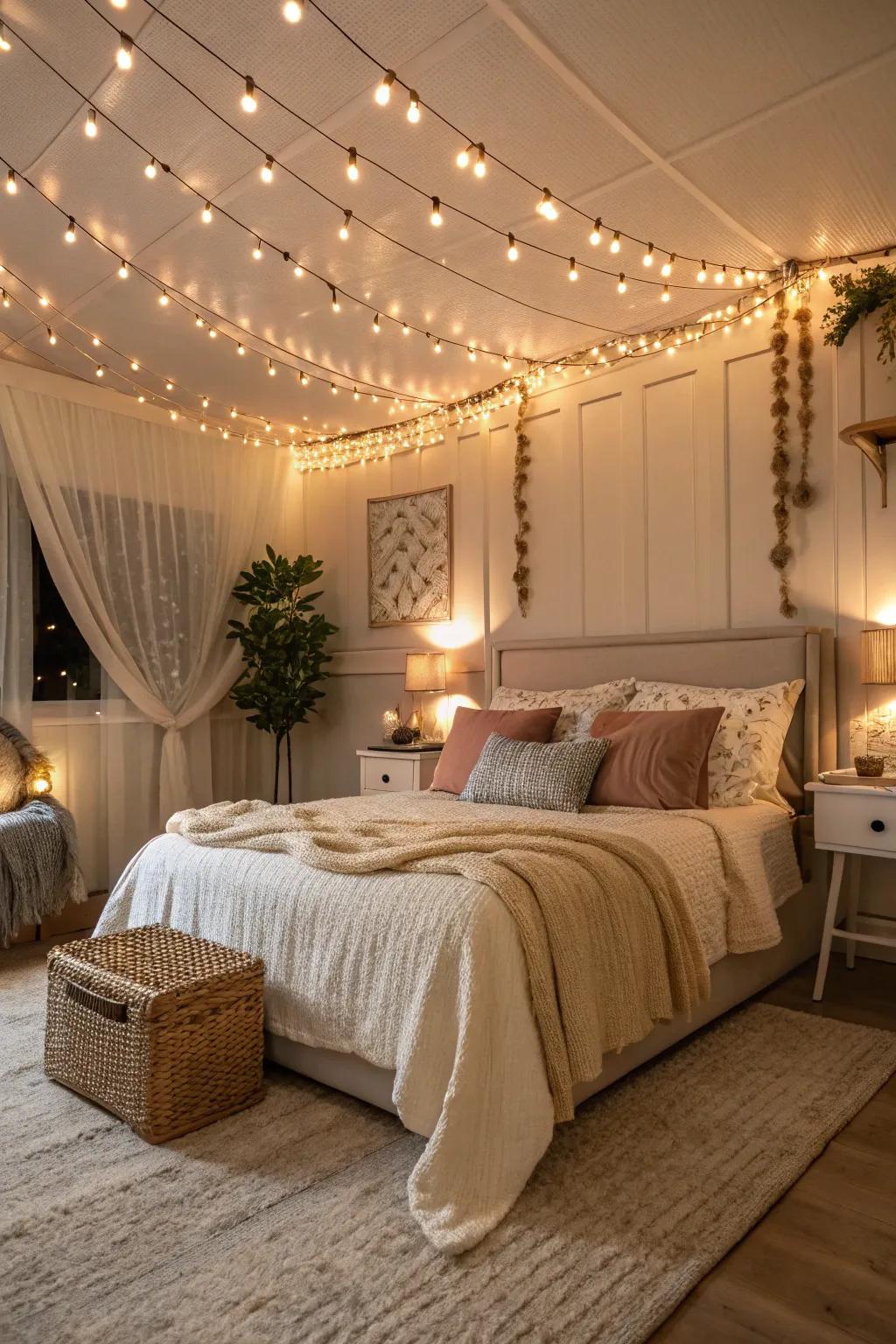 Create a serene and romantic bedroom atmosphere with cable lighting.