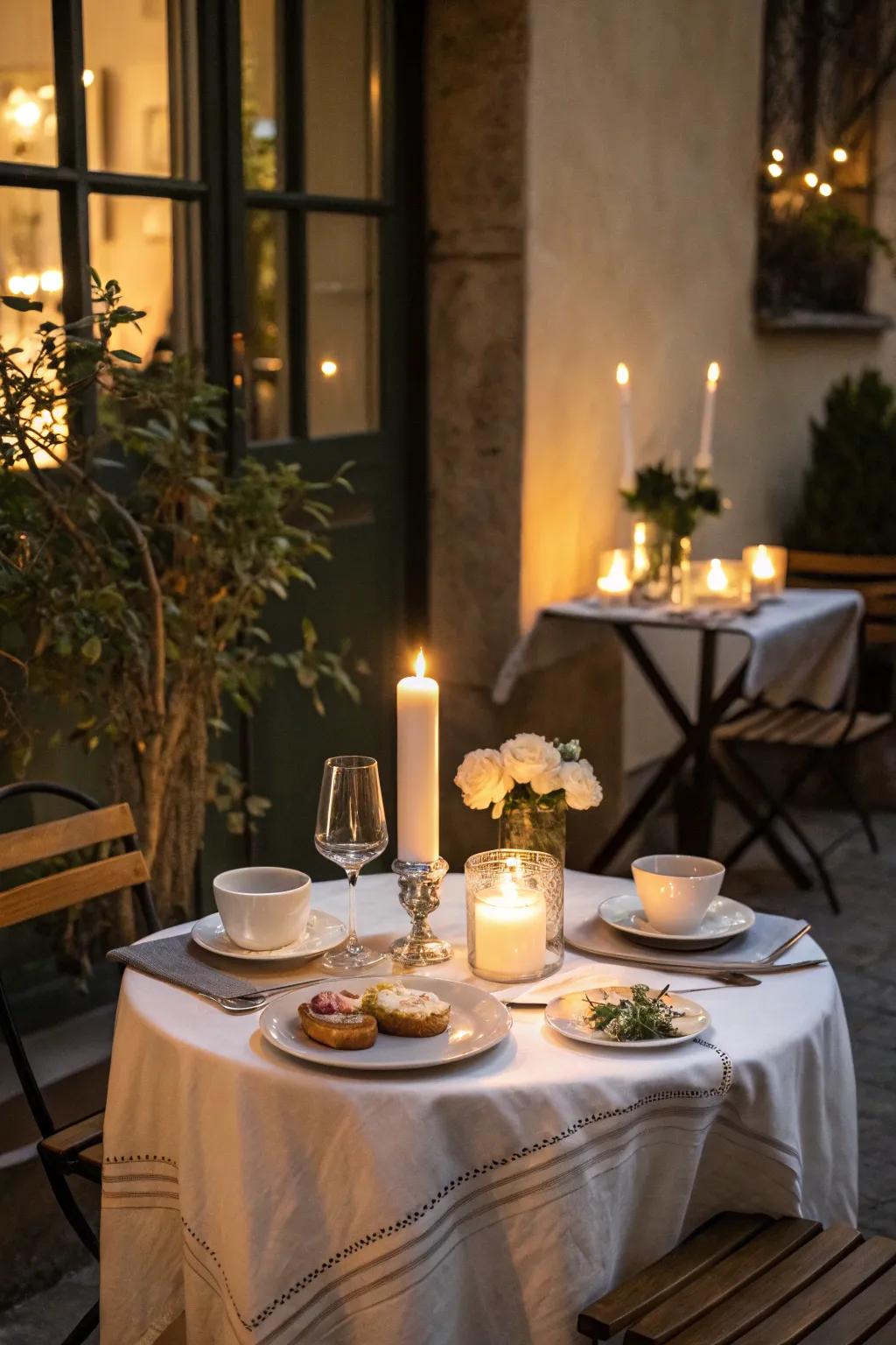 A cozy cafe table setting illuminated by the soft glow of candlelight.