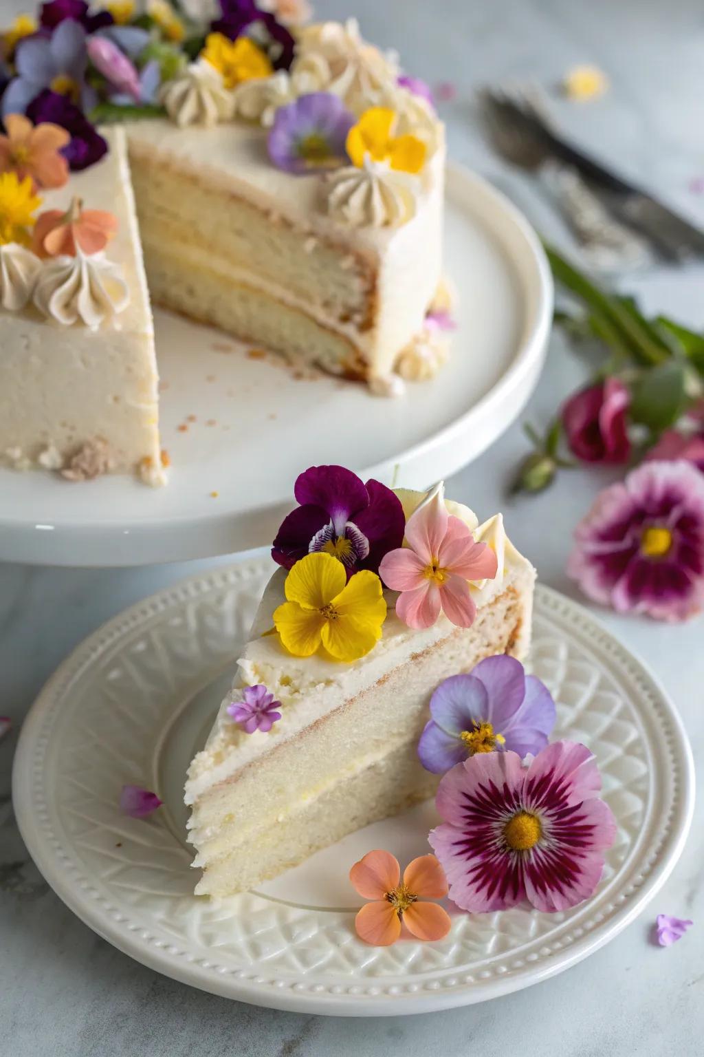 Edible flowers bring an elegant and whimsical touch to your cake.