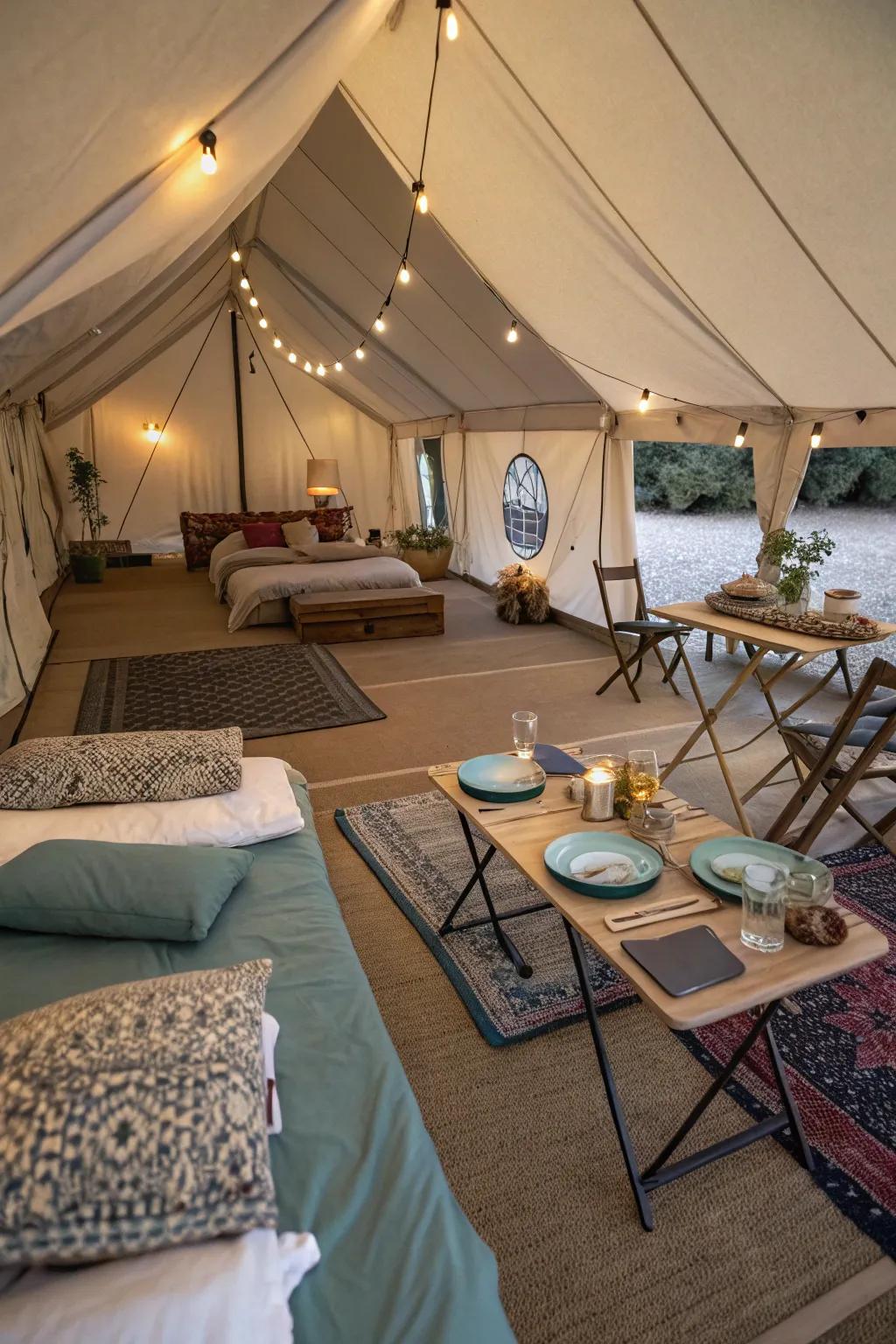 Design multifunctional spaces to make the most of your tent interior.