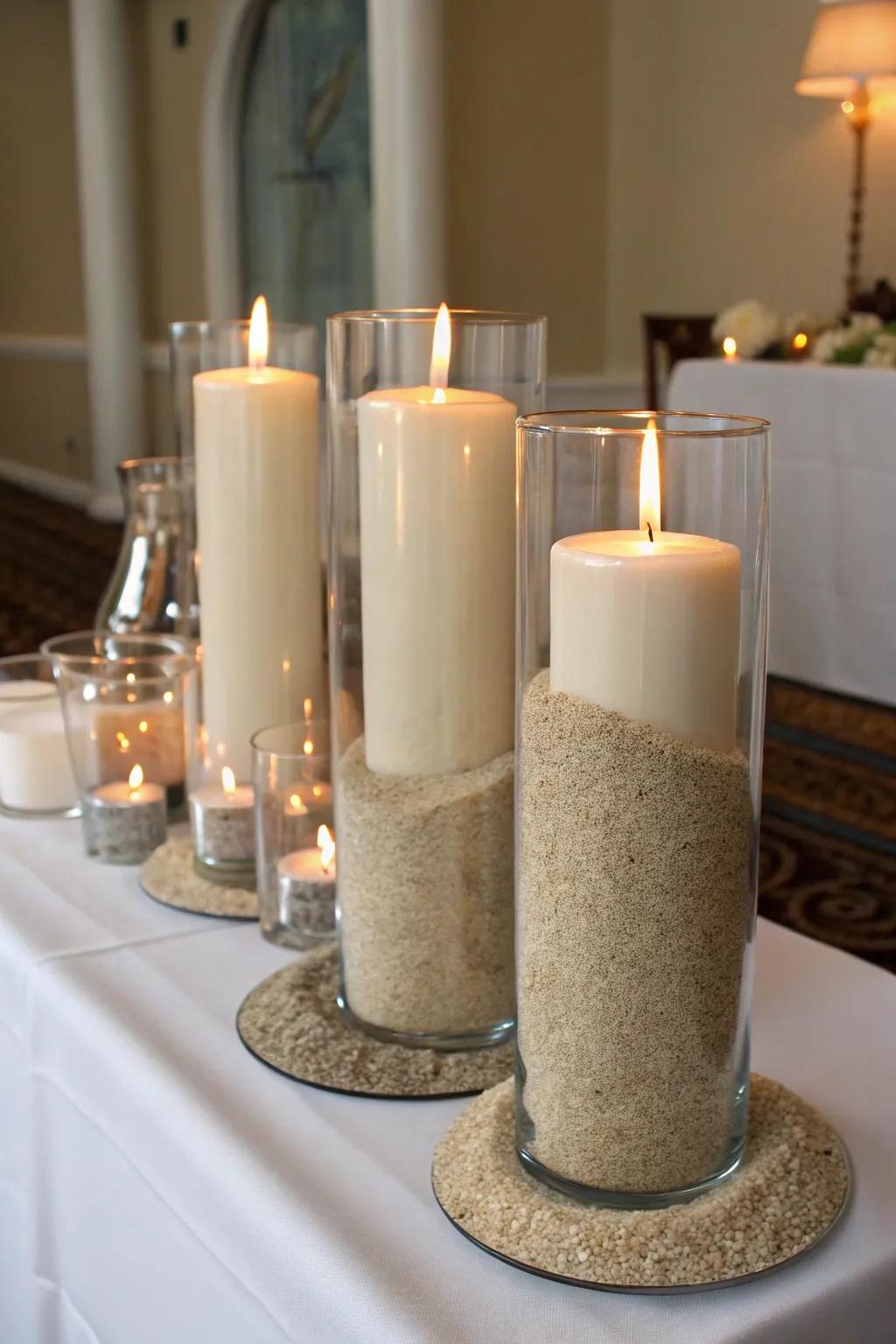 Sand-filled hurricane holders with pillar candles for a beachy look.