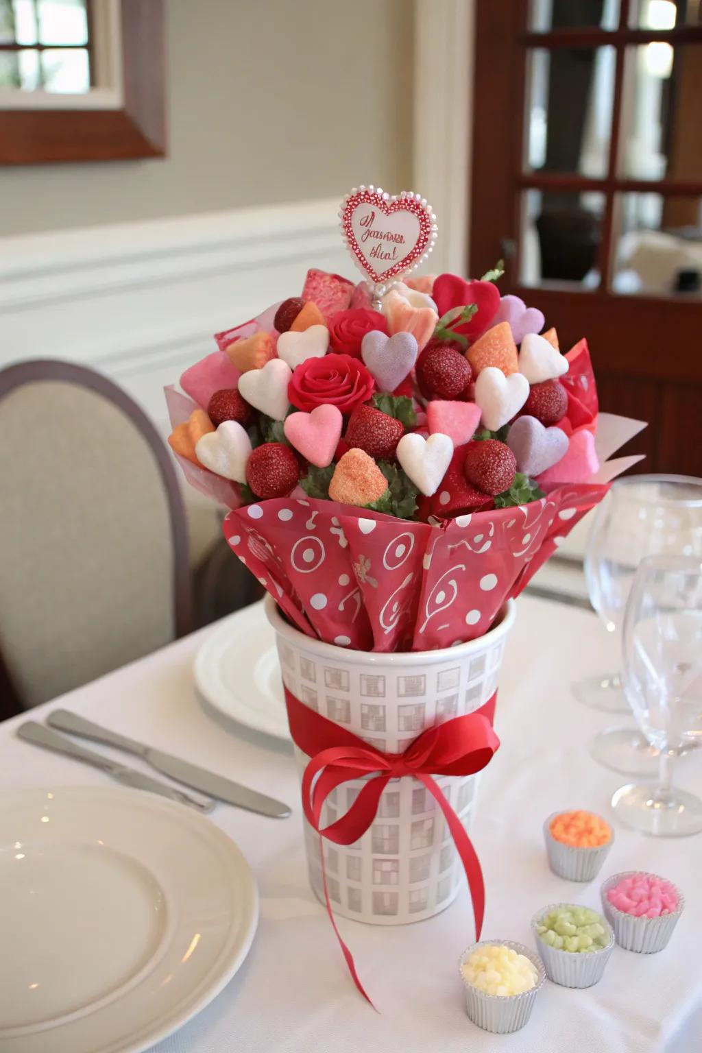 A romantic Valentine's Day candy bouquet.