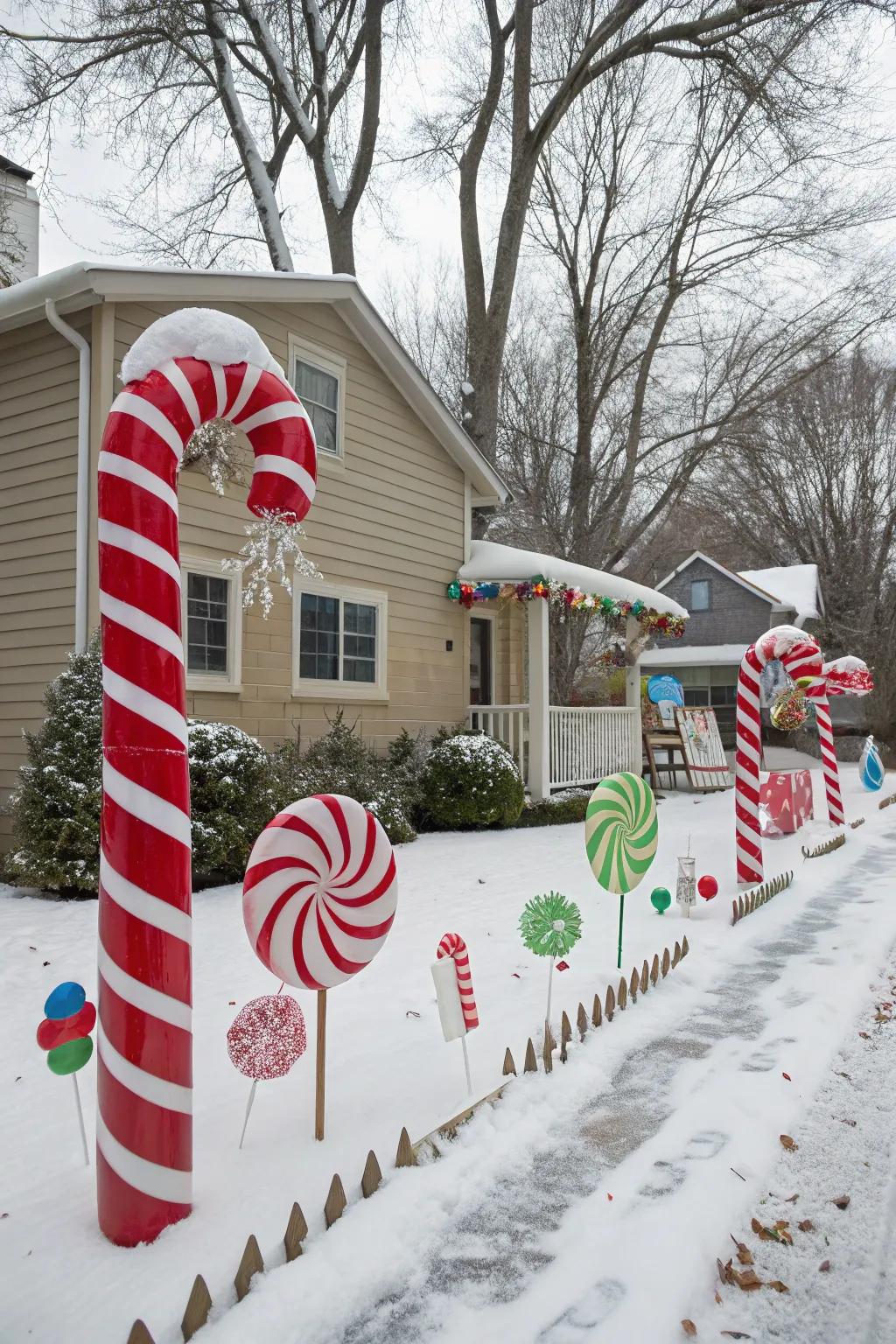 Create a magical atmosphere with oversized candy decorations.