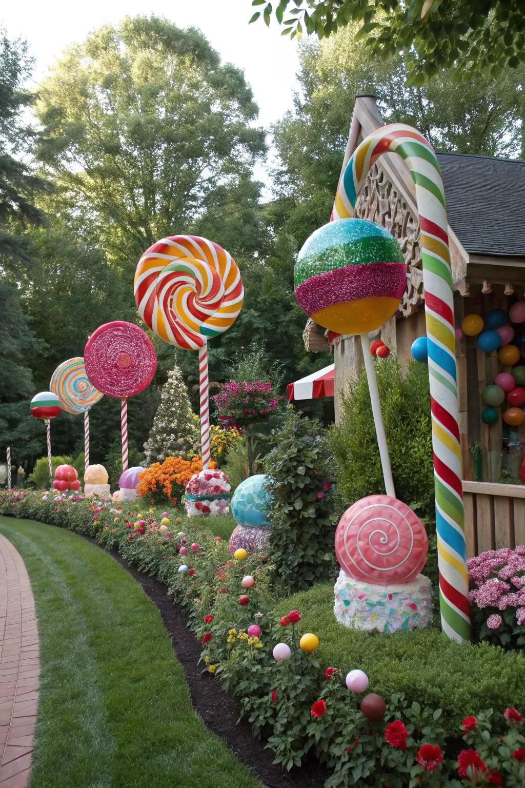 Giant candy sculptures serve as eye-catching centerpieces.