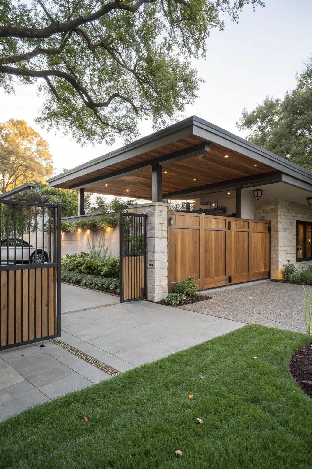 Carport featuring privacy fence gates, seamlessly integrated into the home's design.