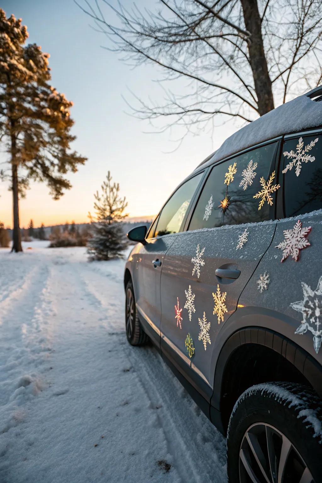 A car decorated with festive magnets, showcasing holiday spirit.