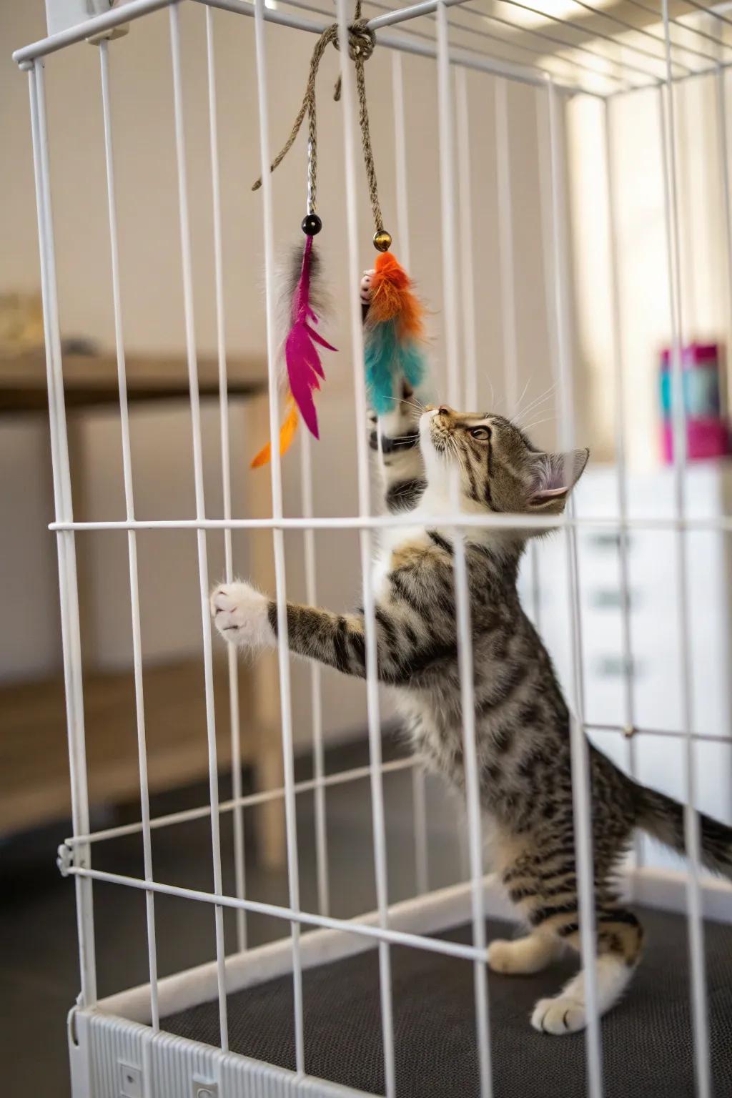 Interactive toys make a cat cage a hub of activity.