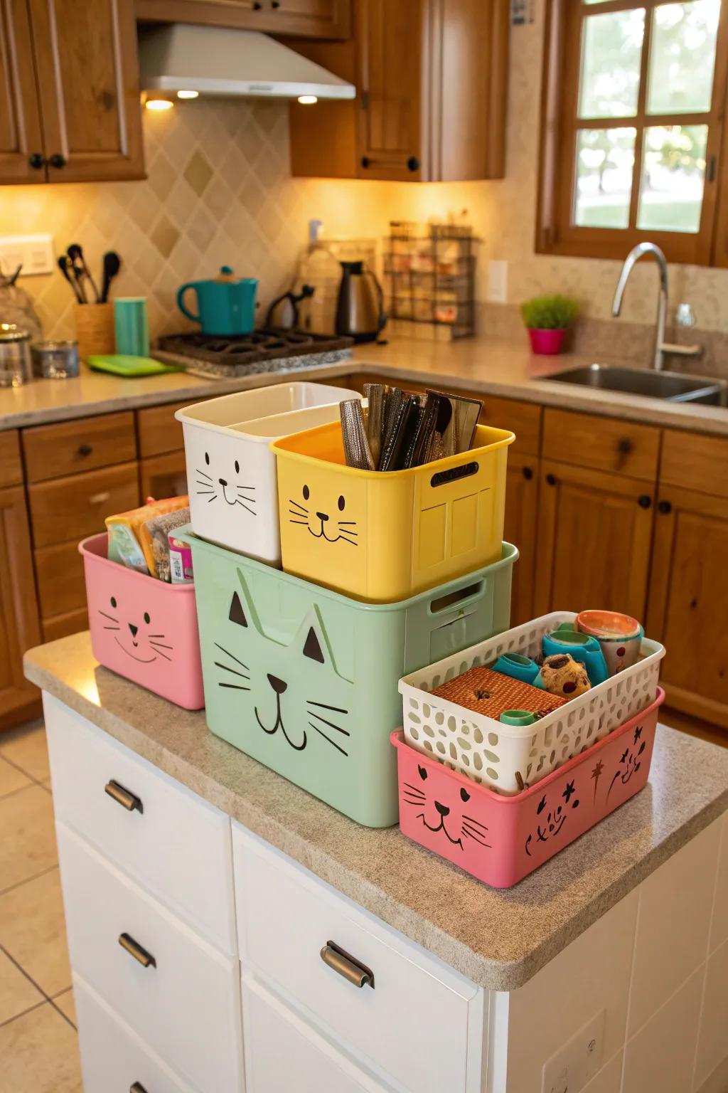 Cat-themed decor adding personality to storage solutions.