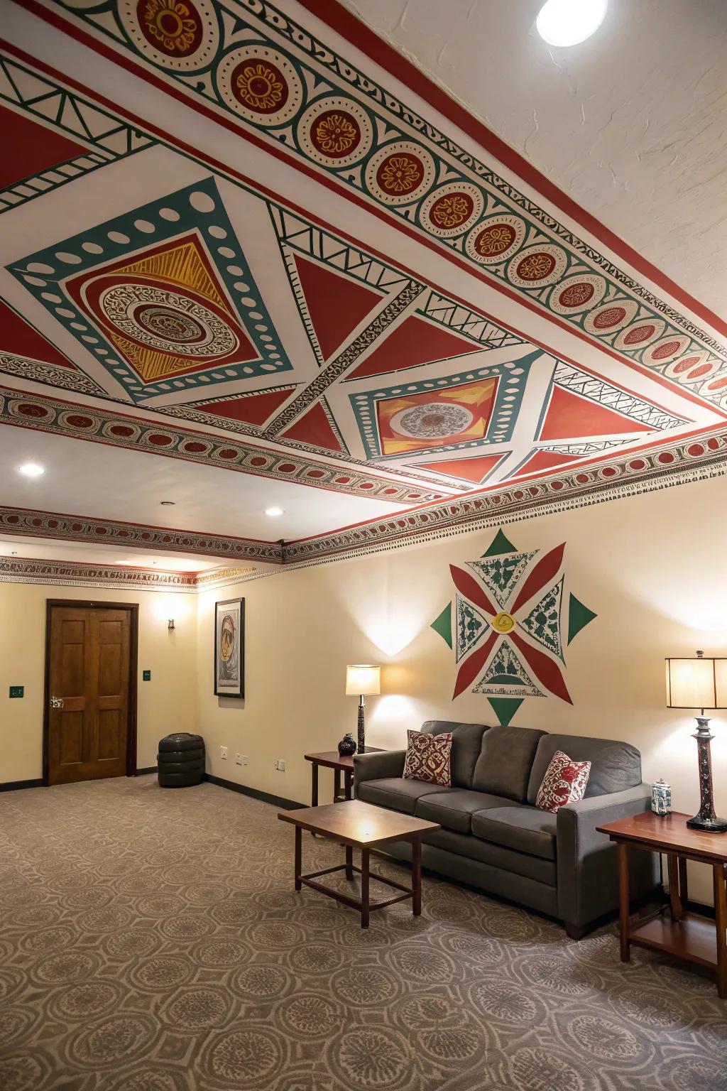 Add personality with a bold, patterned ceiling that speaks volumes.