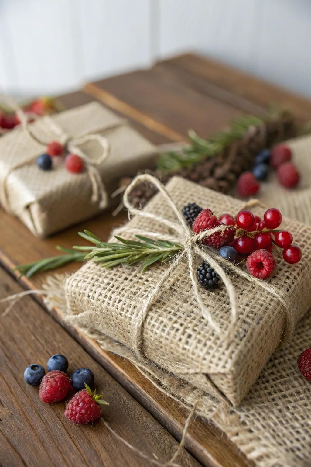 Charming rustic gift wrapping with burlap and berries.