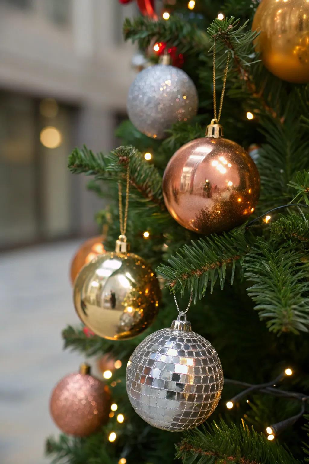 Gold, silver, and copper metallic ornaments on a tree.