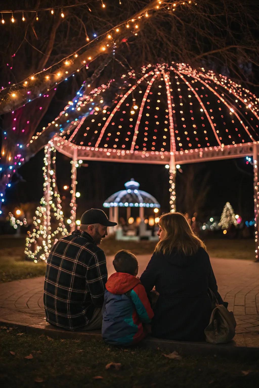 Family enjoying the glow of Christmas lights.