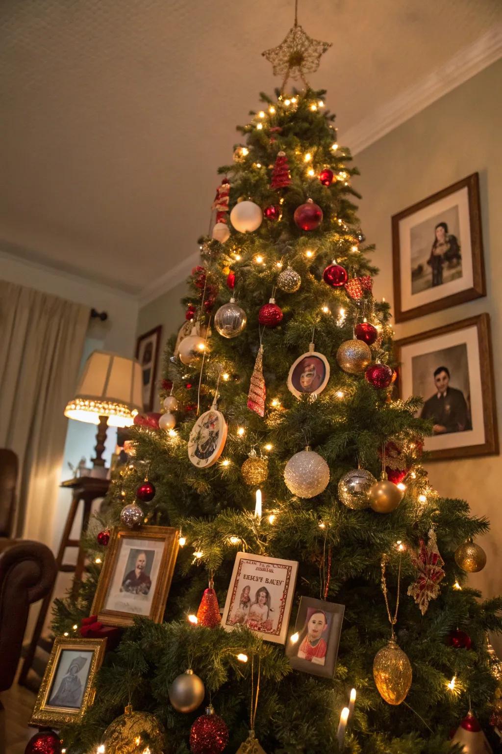 A tree adorned with cherished family ornaments.