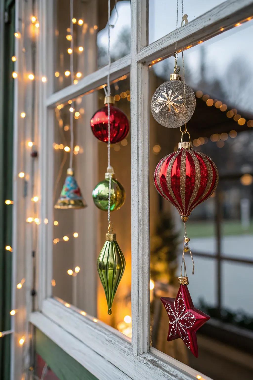 Hanging ornaments add depth and sparkle to the window display.